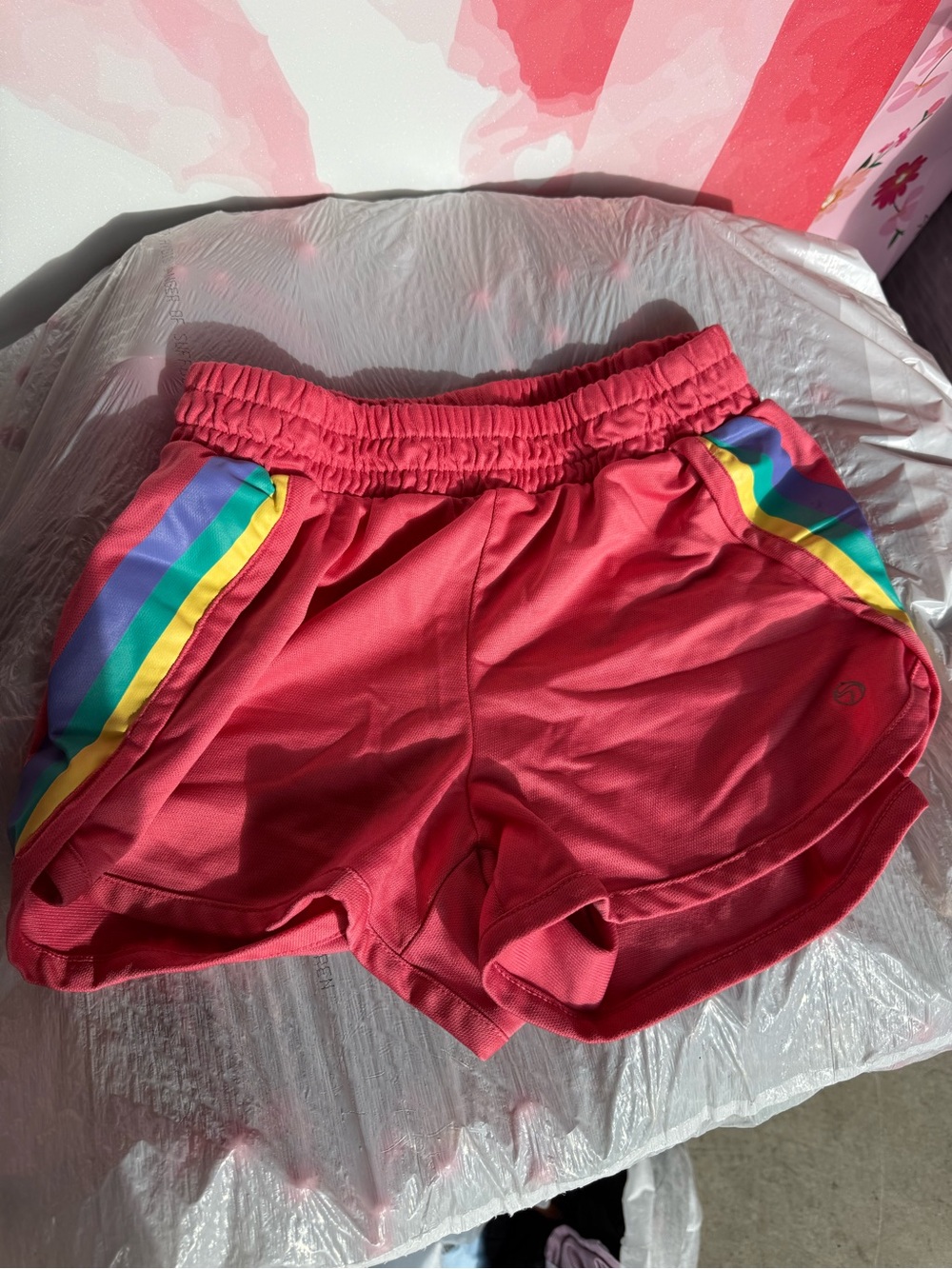 Pink Women's Athletic Shorts with Rainbow Stripe Accents